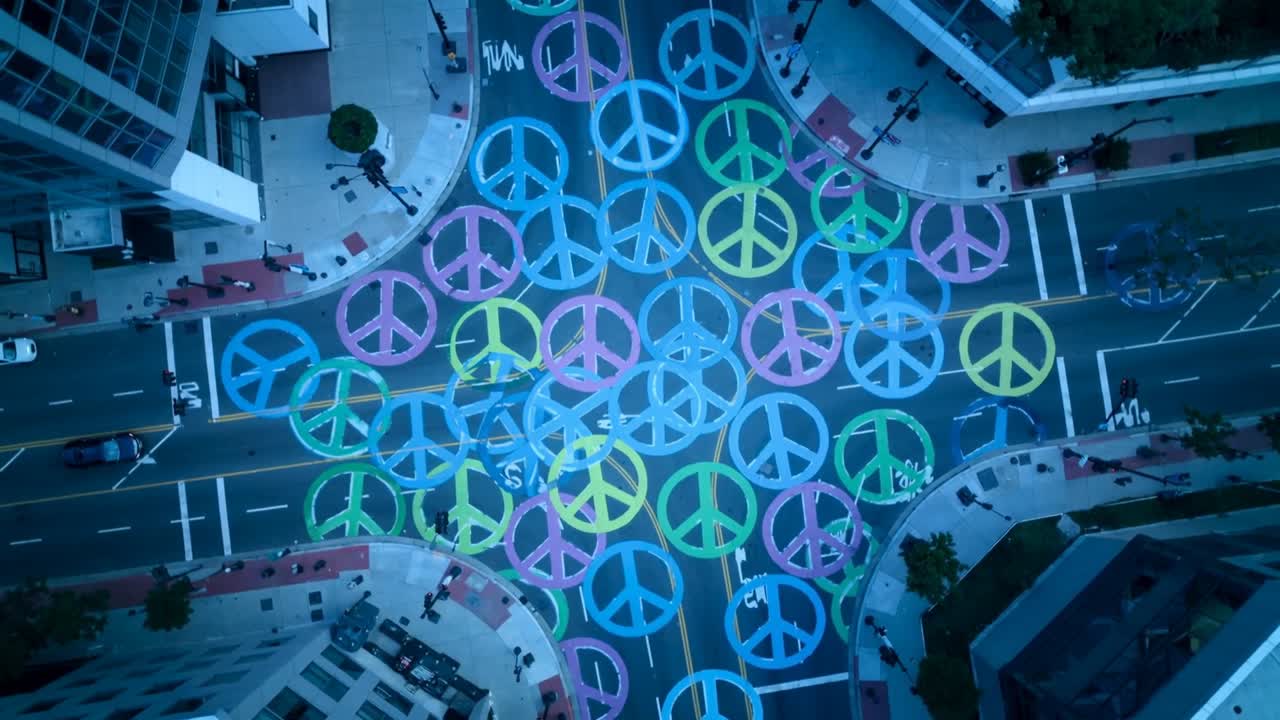 Starting animated peace-symbol cluster drifting and expanding over urban intersection filling lanes