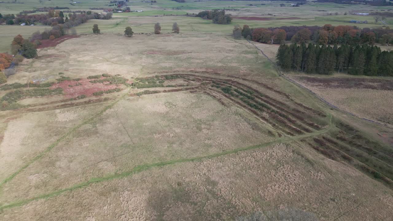 Ardoch Roman Fort archaeological site seen from an aerial point of view. Perthshire, Scotland