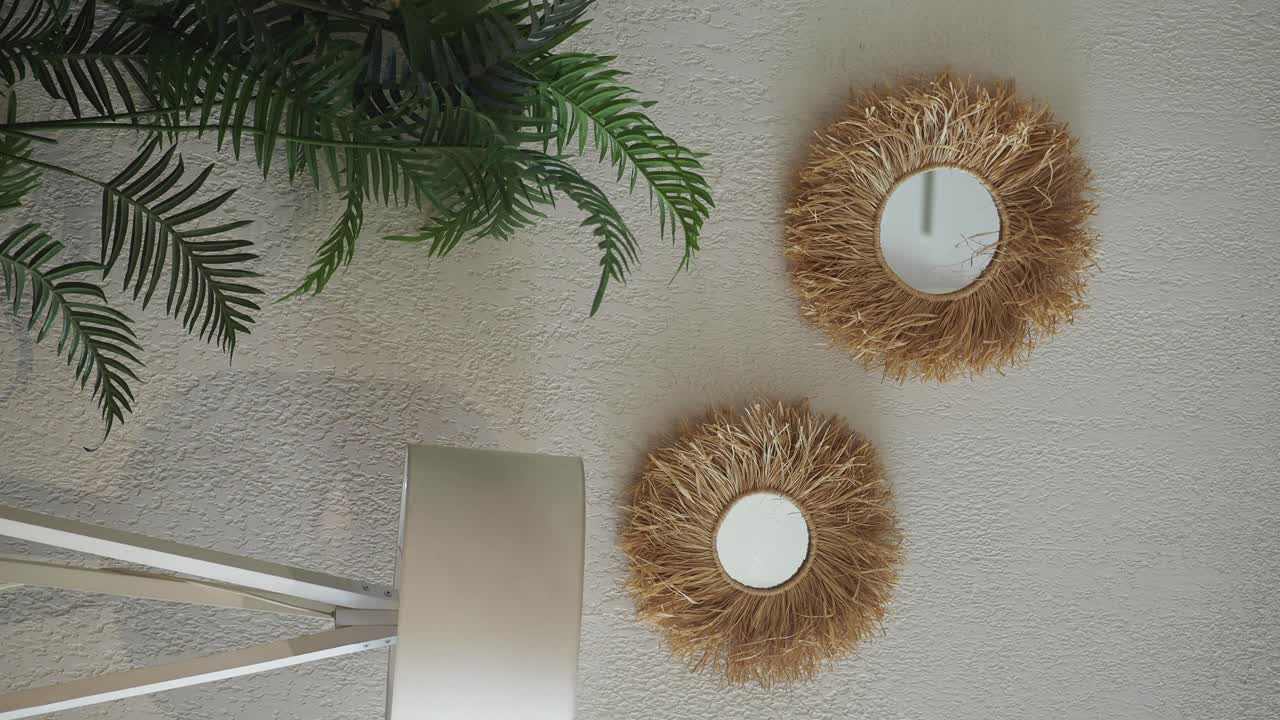 Interior decor with straw mirrors and artificial plant