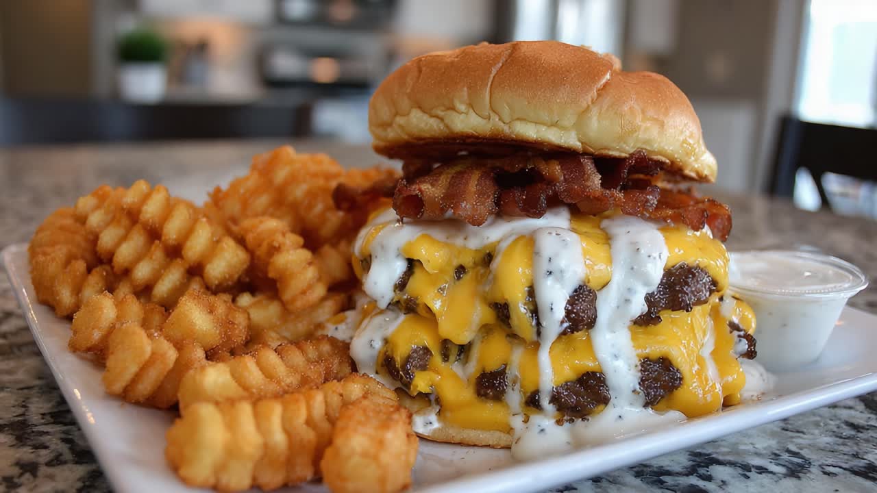 Lækker tårnhøj cheeseburger med sprød bacon og cremet sauce ledsaget af gyldne rynkede pommes frites på en stilfuld tallerken.