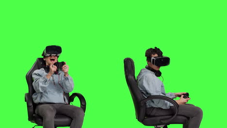 player using virtual reality glasses to have fun on cyberspace competition