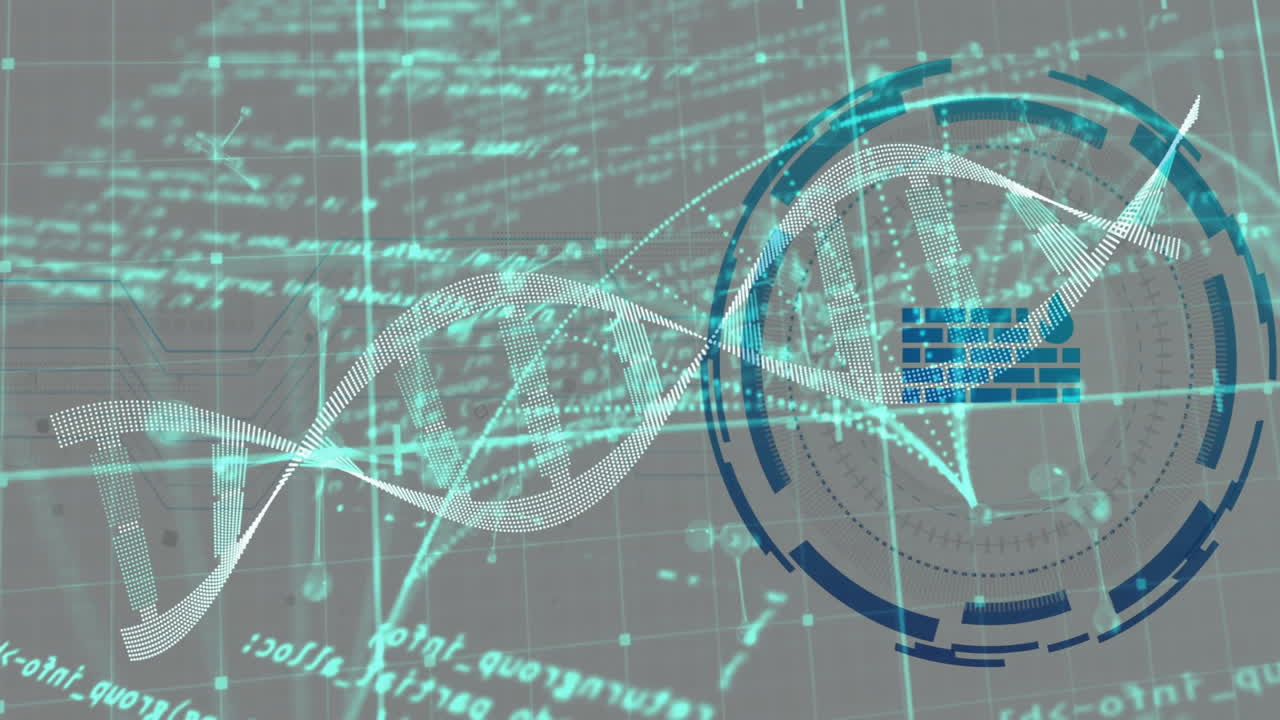 dna 스트랜드 및 과학 데이터 처리의 애니메이션을 그리드 배경으로 표시합니다.