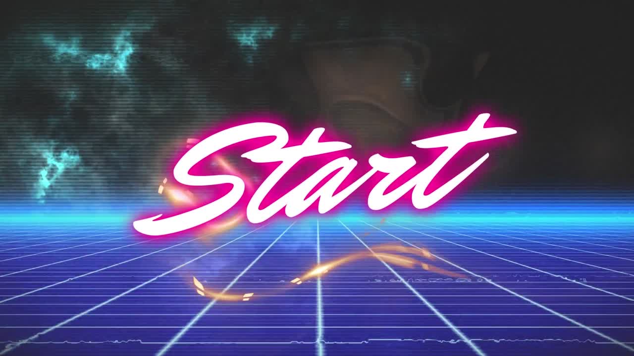 검은 바탕에 디지털 사각형 위에 시작 텍스트의 애니메이션