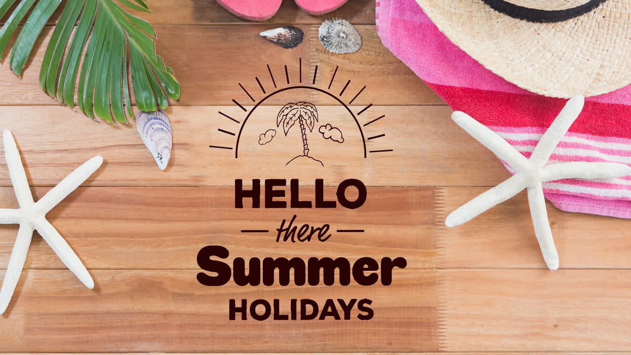 animación de hola allí vacaciones de verano texto sobre mesa de madera con conchas