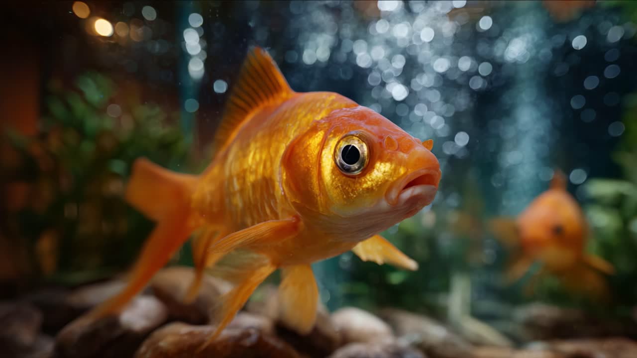 Close-up de peixinhos dourados nadando graciosamente em um ambiente aquático, com bolhas vibrantes ao redor de suas deslumbrantes escamas douradas