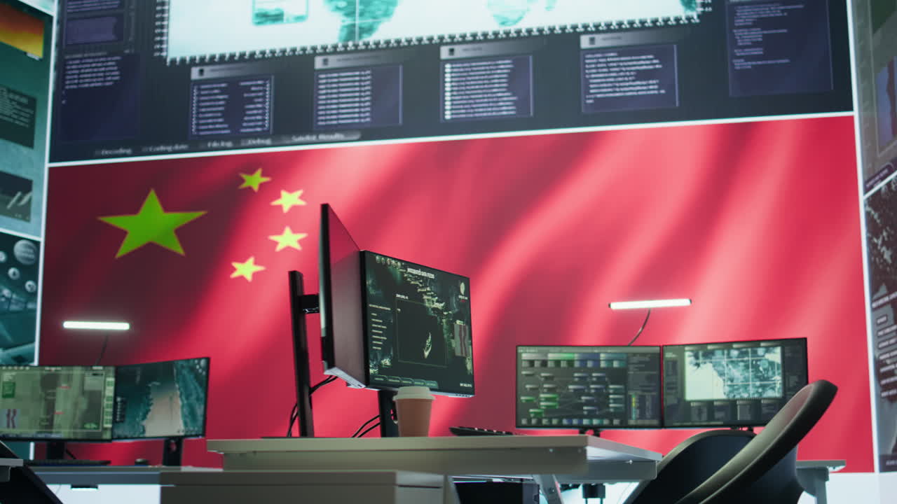 Empty chinese military base monitoring room working on spreading fake news