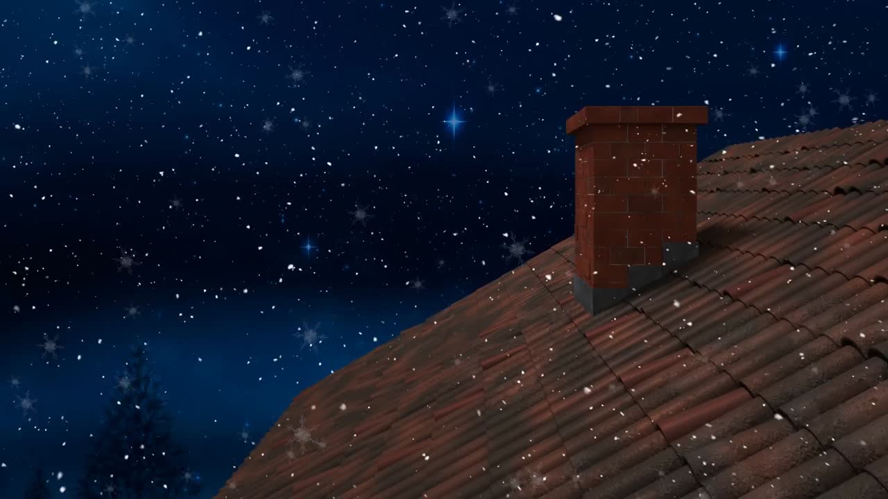 animación de nieve cayendo sobre el techo con chimenea en un paisaje de invierno
