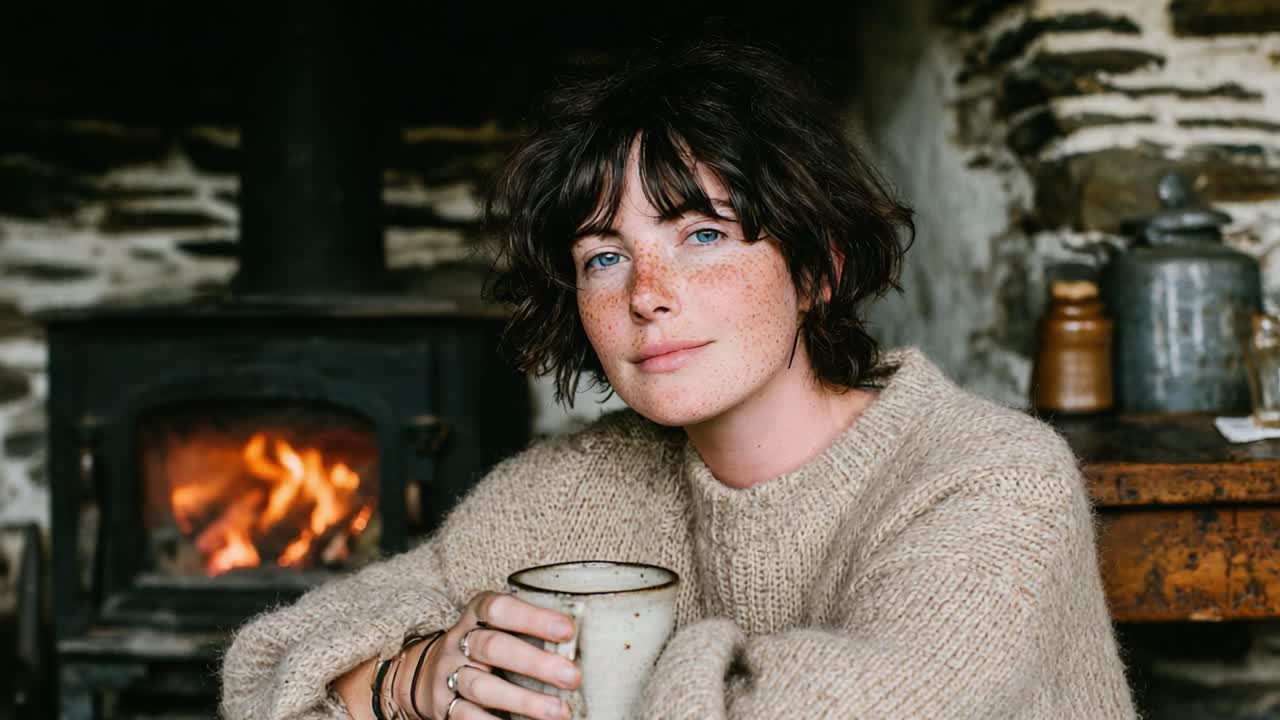 A Cozy Moment by the Hearth: A Young Person Enjoys a Warm Beverage in a Rustic Cabin Setting, Embracing the Comfort of Home and Peaceful Surroundings