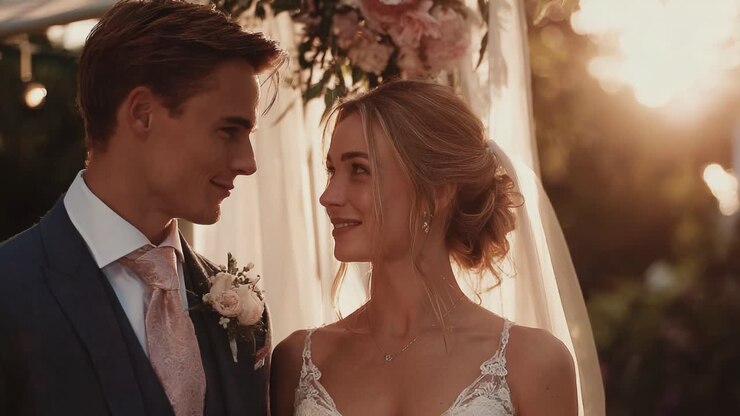A Beautifully Romantic Moment Between a Couple at Sunset, Captured in a Wedding Setting, Radiating Love and Happiness as They Share Intimate Connections Together