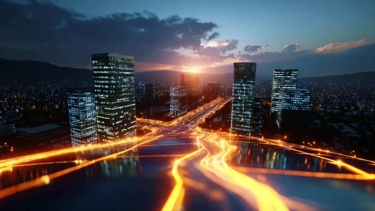 A Vibrant Cityscape at Dusk: Stunning Views of Illuminated Skyscrapers Reflecting Off a Busy Intersecting Street with Glowing Light Trails and a Beautiful Sunset in the Background