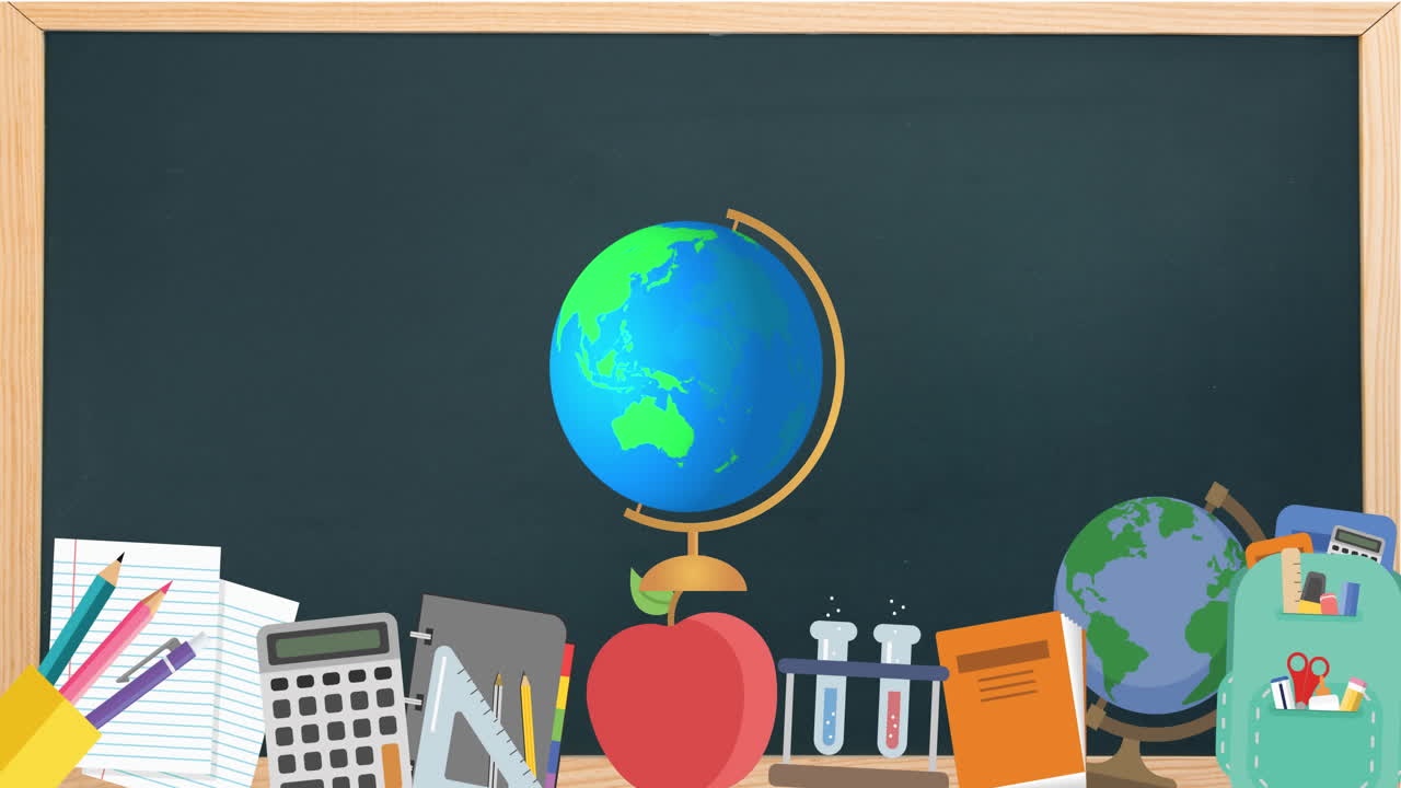 Animasi digital ikon bola dunia berputar di atas beberapa ikon konsep sekolah di papan tulis hitam