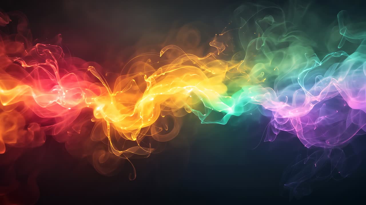Emerging rainbow smoke plume pulsing, bulging and drifting in black void, creating color gradients