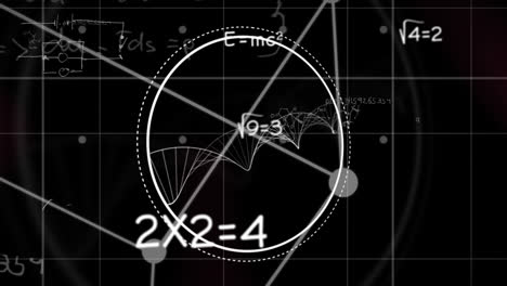 animación digital de la estructura del adn girando contra ecuaciones matemáticas flotando en fondo púrpura