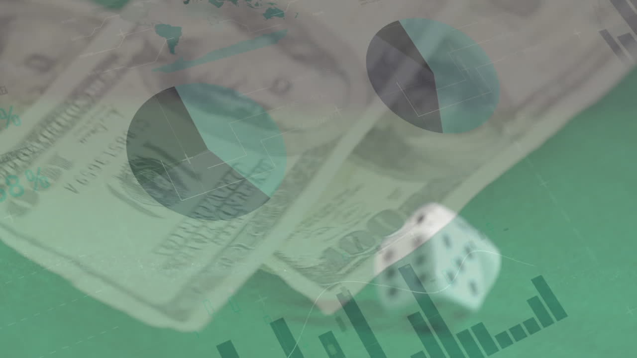 Animation af finansiel databehandling over to terninger og amerikanske dollarsedler på grøn baggrund