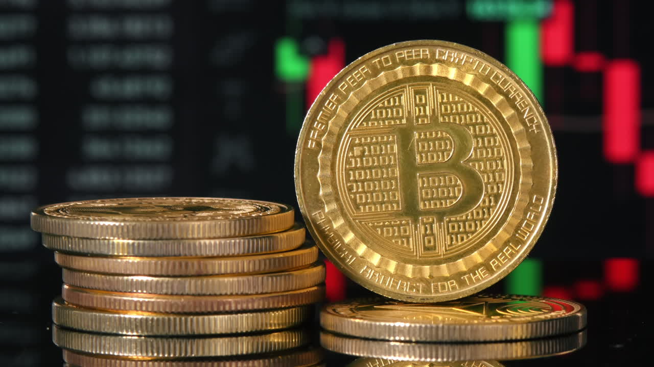 Close view of multiple physical Bitcoins with moving digital charts on the background