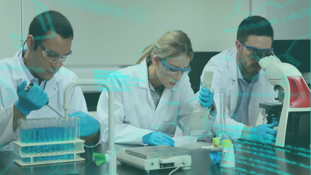 animación del procesamiento de datos sobre científicos caucásicos haciendo experimentos