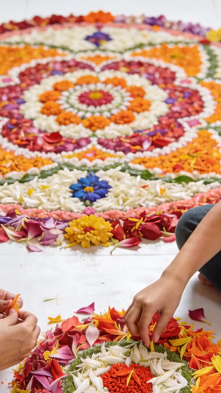 Video verticale: Coppia che inizia, uno in blu che posiziona petali a casa completando un piccolo motivo con un mandala