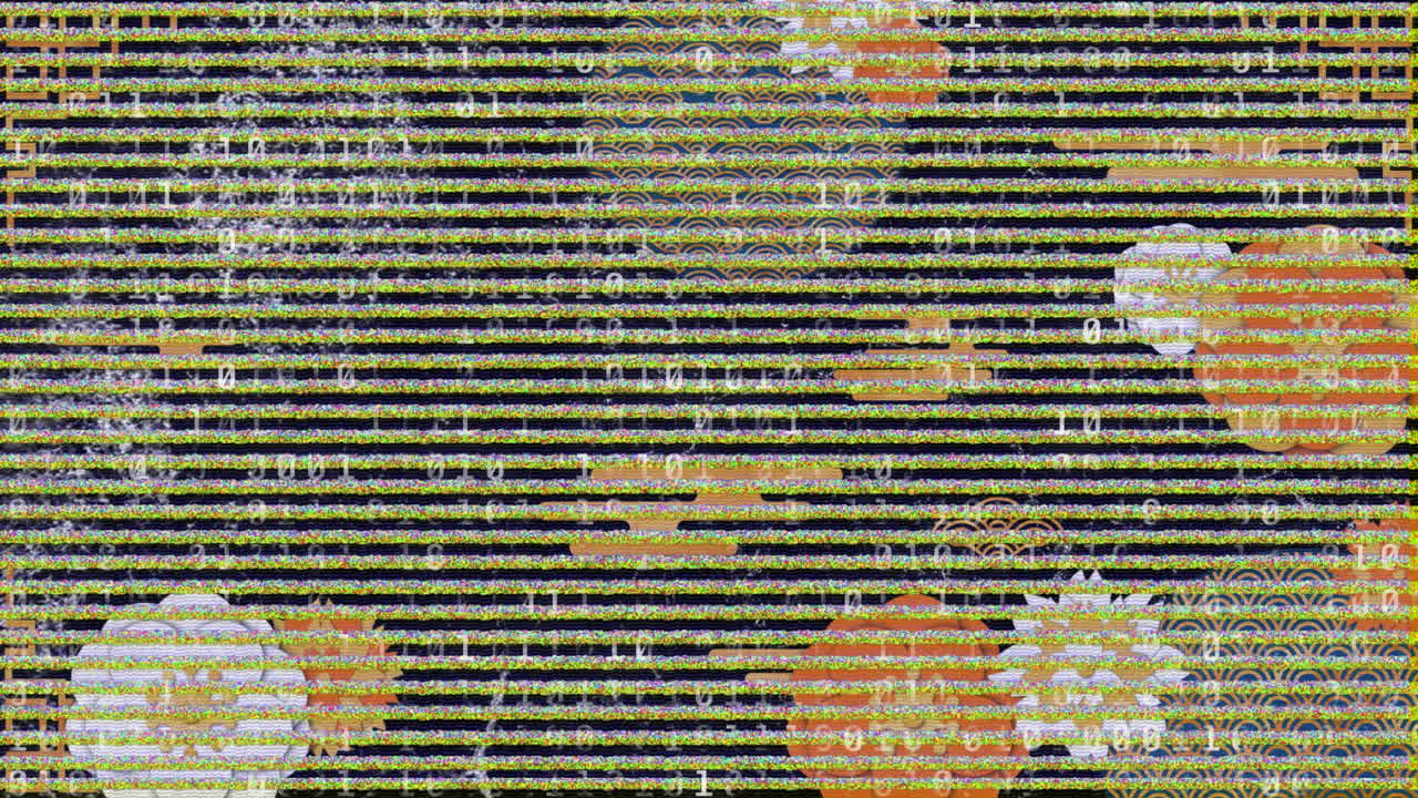 Binary code animation overlaying colorful circular patterns in abstract ...
