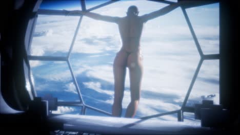 Mujer-Observando-La-Tierra-Desde-Las-Ventanas-De-La-Estación-Espacial-Tierra-Azul-Y-Nubes