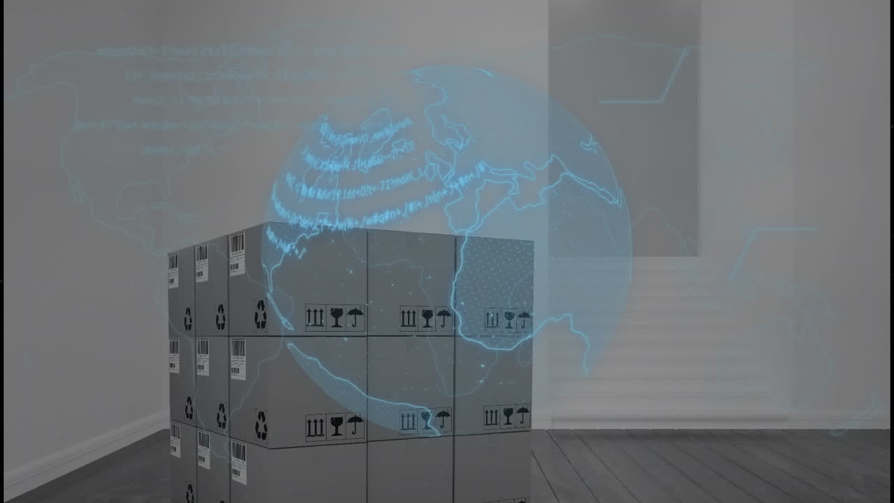 анимация обработки данных по коробкам и глобусу.