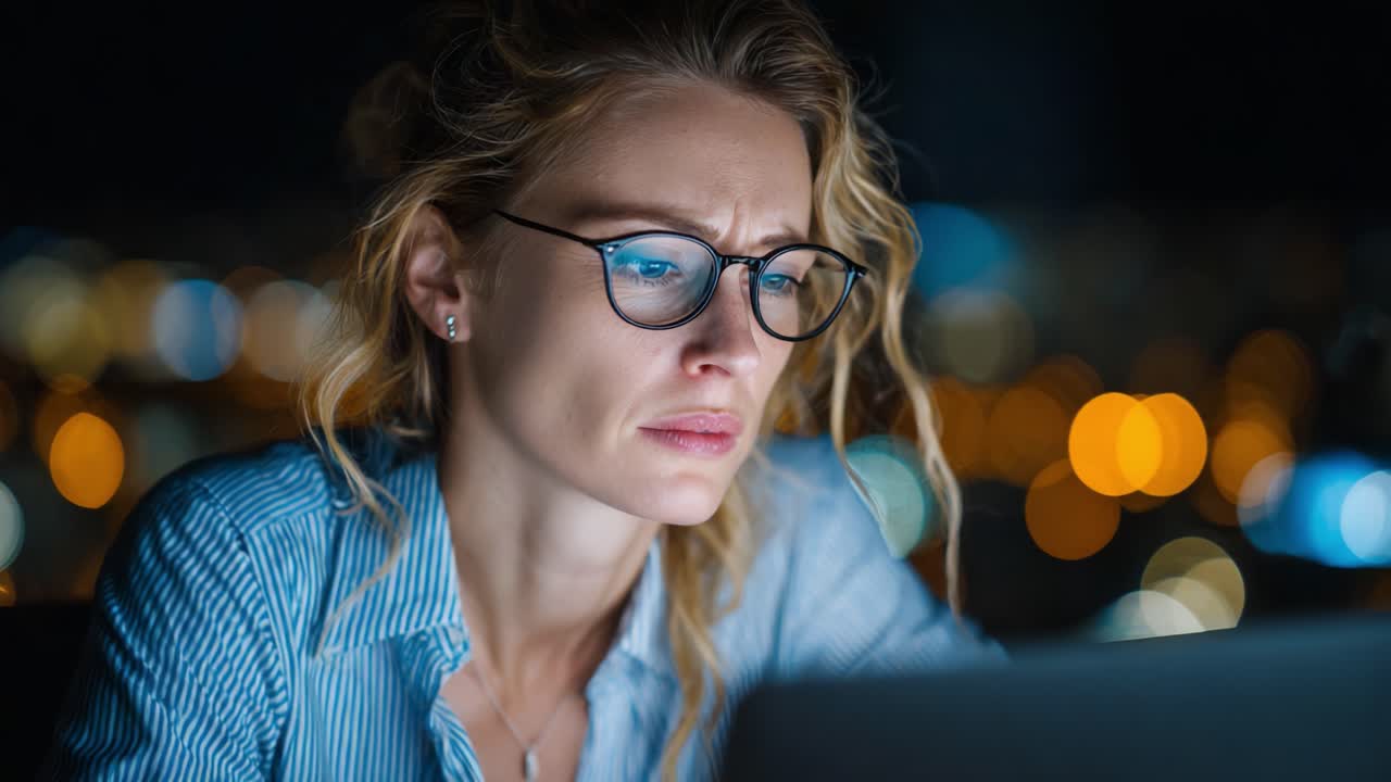 A contemplative woman engaged in focused work at night, illuminated by the glow of her laptop amidst a backdrop of city lights, showcasing determination and concentration