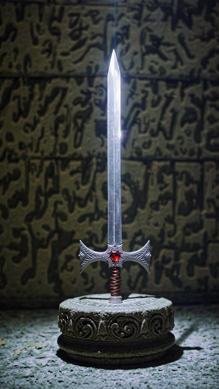 Ornate Medieval Sword Standing on Stone Pedestal