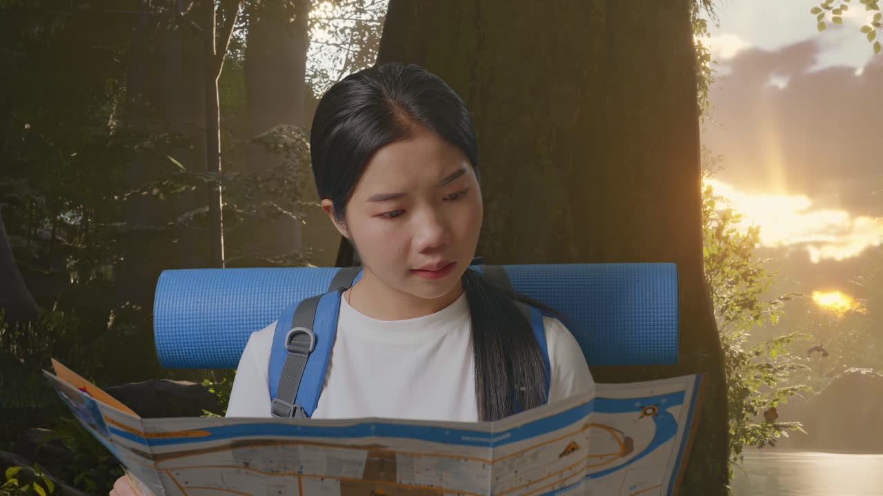 산악 배을 들고 있는 아시아 여성 하이커가 지도를 보고 숲의 자연을 탐험하는 동안 주변을 둘러보고 있습니다.