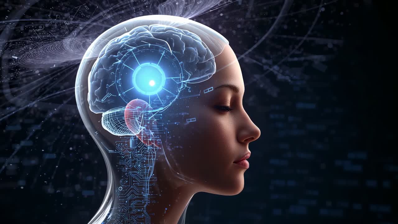 Female head lighting circuits through skull after glowing orb appearing spiraling swirl in VR void