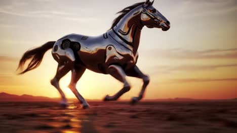 a futuristic robotic horse galloping gracefully against a stunning sunset landscape, showcasing advanced design and engineering in harmony with nature