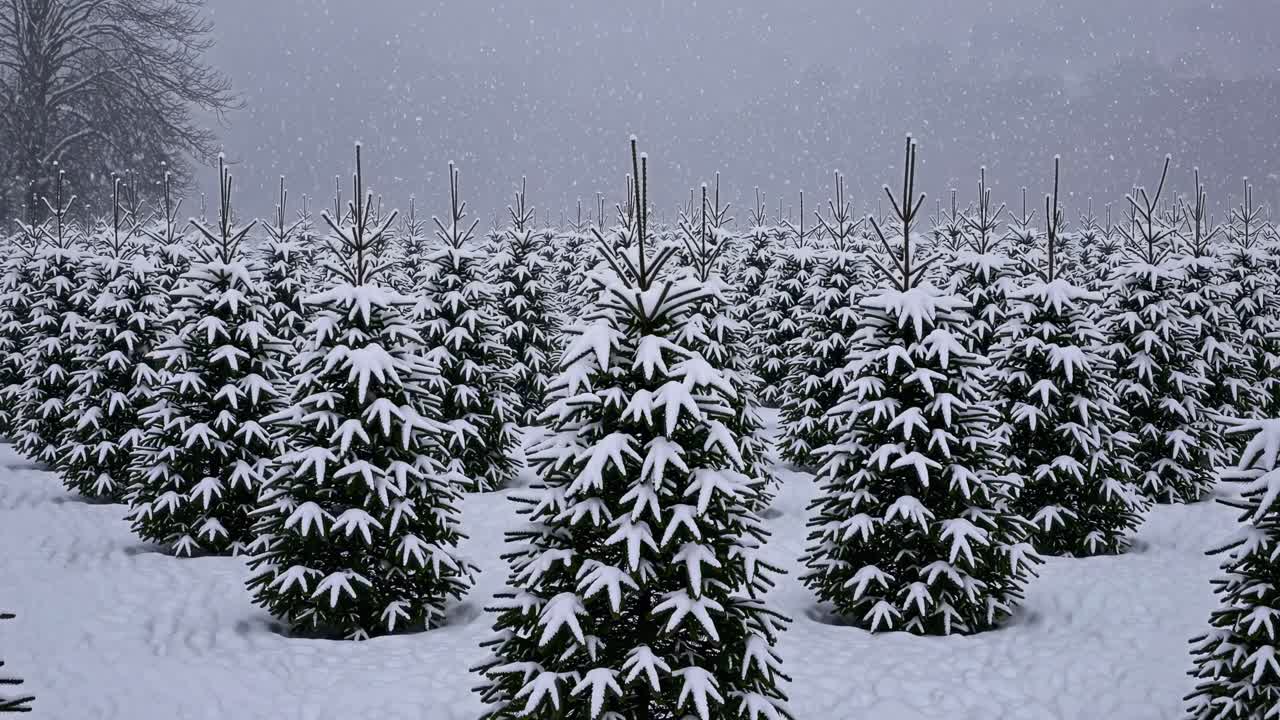 Aerial view of a snow-covered Christmas tree farm in winter, capturing serene snowfall