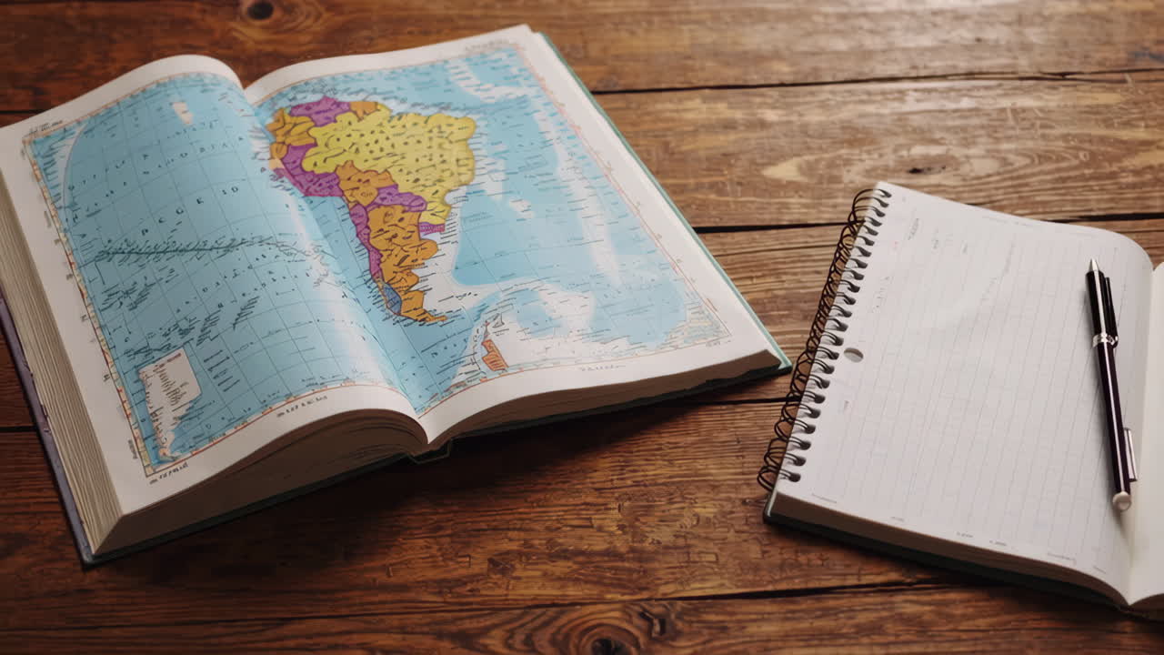 Open Book with Map and Notebook on Wooden Desk