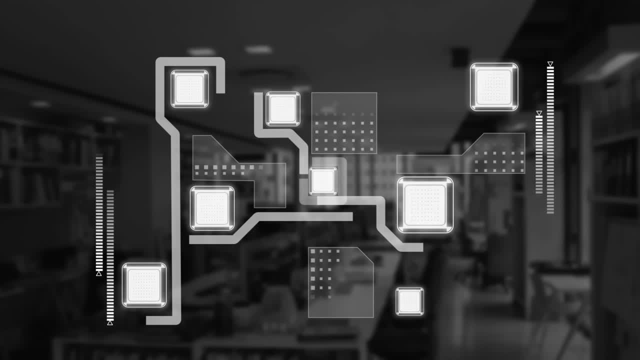 animación de una placa de circuito de computadora sobre una oficina vacía