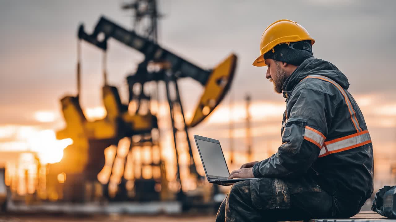 En arbejder i sikkerhedsudstyr overvåger driften på en olieboreplatform under solnedgang, hvilket kombinerer teknologi med traditionelle energiproduktionsteknikker