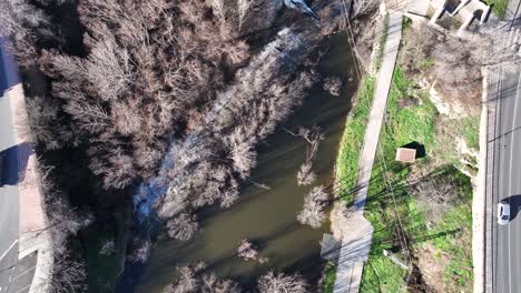 we see the bank of the adaja river as it passes through avila, capital with trees, there is a dam and it is overflowing with water and roads with cars circulating on both sides, spain