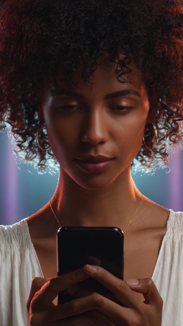 Giovane donna afroamericana con capelli ricci che guarda lo smartphone.