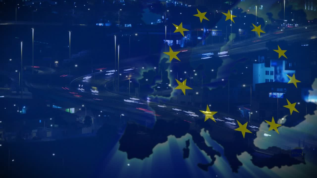 Køretøjslys, der starter Europa-kortet med glød, stjernering, der roterer, pulser, der pulserer og viser forbindelse