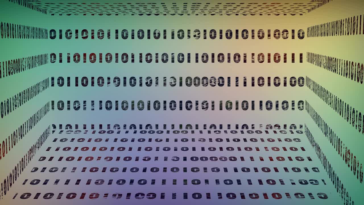 Abstract animation with binary digits running inside a box or small room