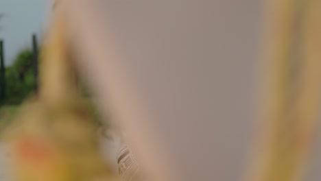 a slow-motion medium shot of a young indian girl standing by a traditional fishing boat, with an unfocused and beautiful foreground layer adding depth and intrigue to the scene