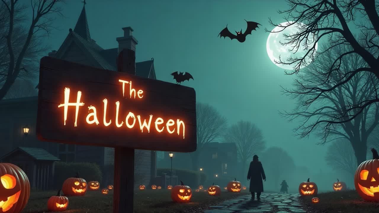 Eerie Atmosphere of Halloween: A Haunting Night with Jack-o'-Lanterns, Spooky Bats, and a Full Moon Over a Darkened Pathway