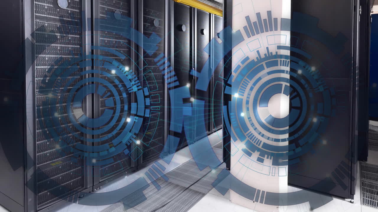 Animation of two blue circular scanners processing over server room