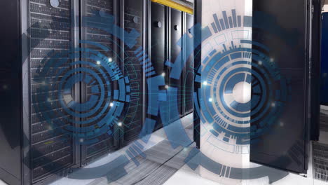 Animation of two blue circular scanners processing over server room