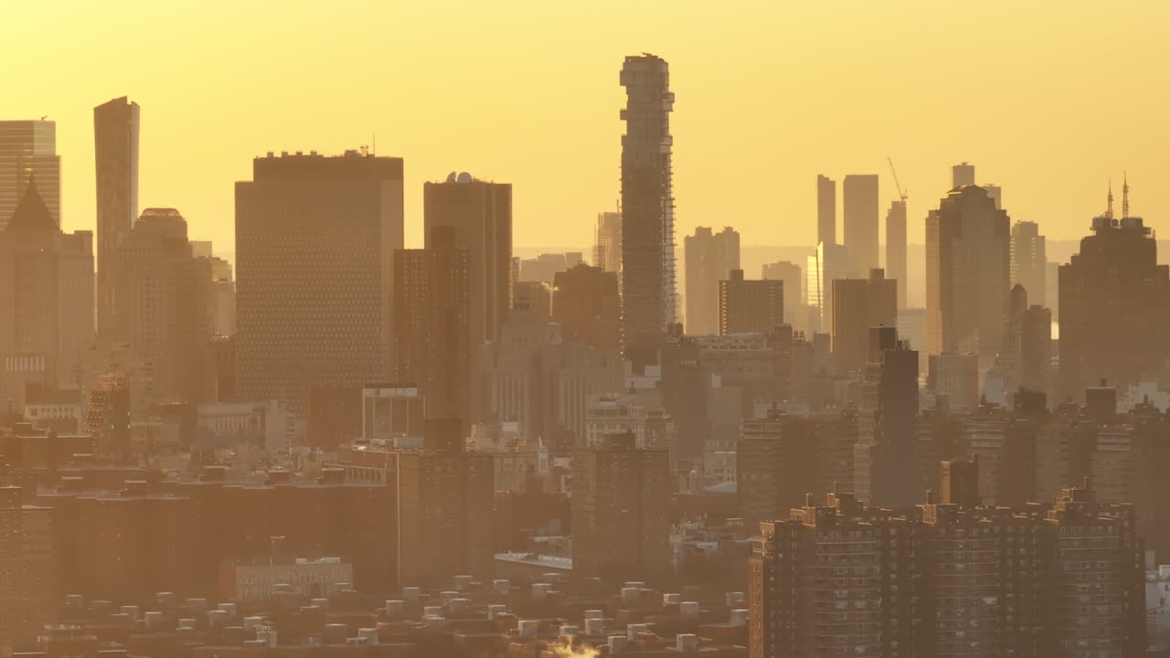 Aerial view of the Manhattan skyline at sunset. Shot in New York City.