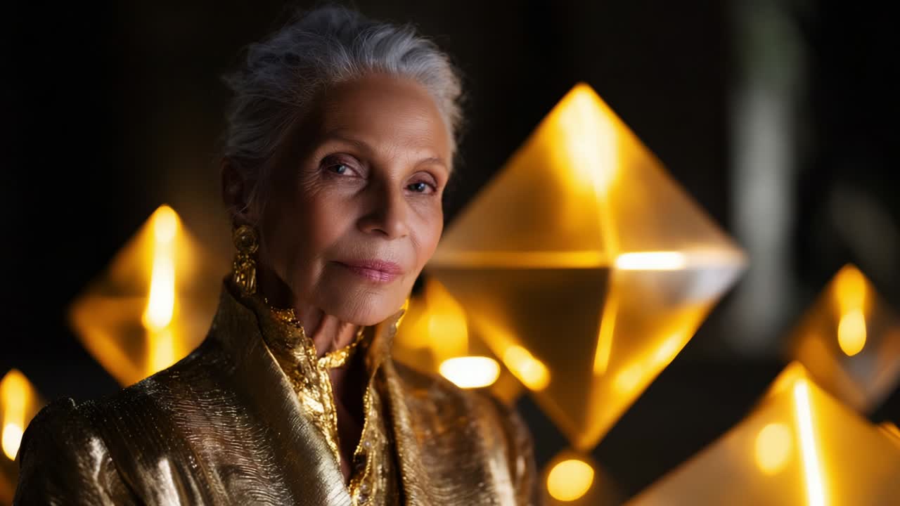 An Elegant Elderly Woman Dressed in Golden Attire, Surrounded by Glowing Geometric Structures, Exuding Grace and Wisdom in a Mystical, Softly Lit Environment