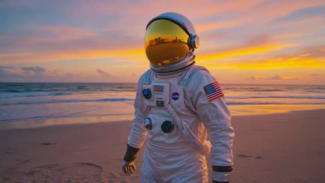 astronaut standing on a beach at sunset