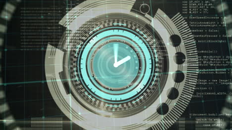 animación del reloj y el escaneo de alcance circular sobre el procesamiento de datos, en la cuadrícula