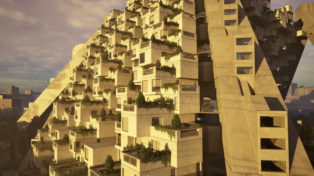 Unique modern building at sunset in urban setting