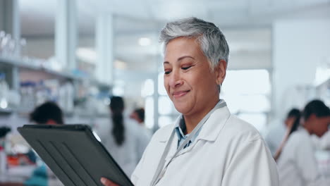 Face,-science-and-smile-of-woman-on-tablet