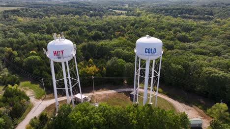 aerial view of two water towers: hot and cold