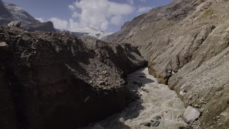 Alpine-glacier-lake-streams-from-Pasterze-Glacier-at-the-foot-of-the-Grossglockner-Mountain-in-High-Tauern-National-Park,-Austria,-Aerial-View