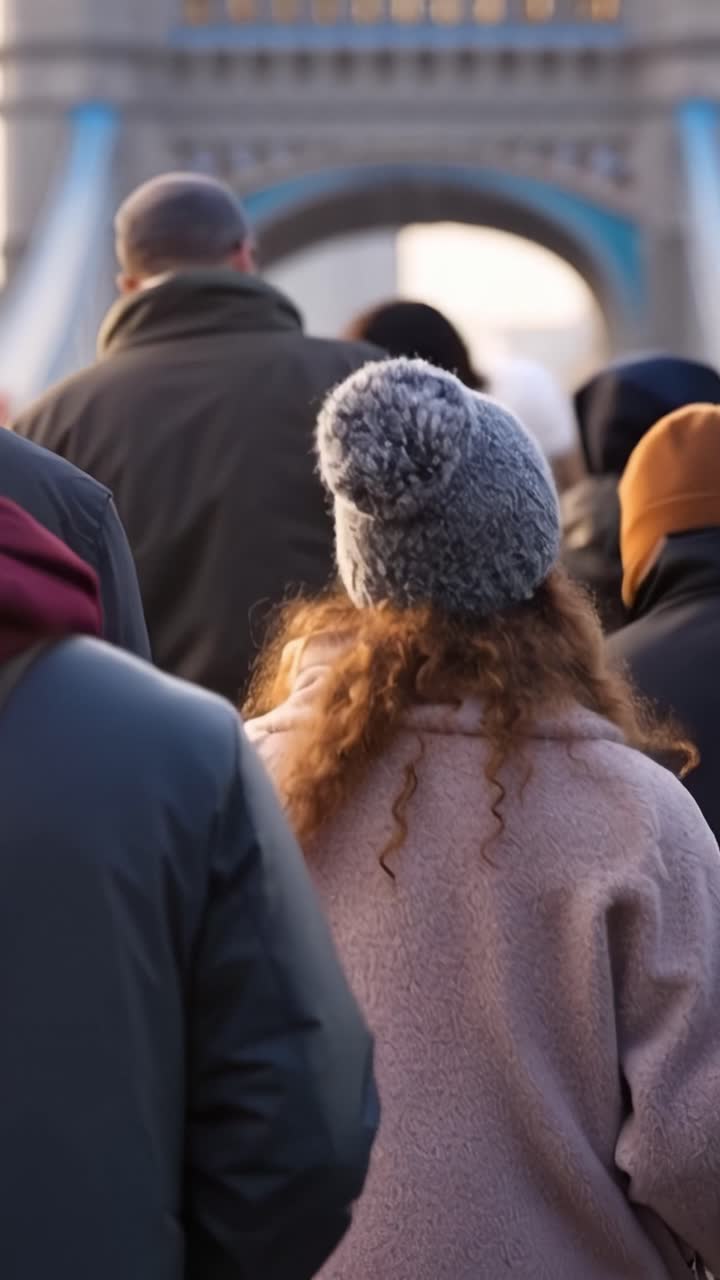 Folla di persone che cammina verso una struttura iconica, con in evidenza un individuo con capelli ricci e un cappello di lana in un vivace ambiente urbano.